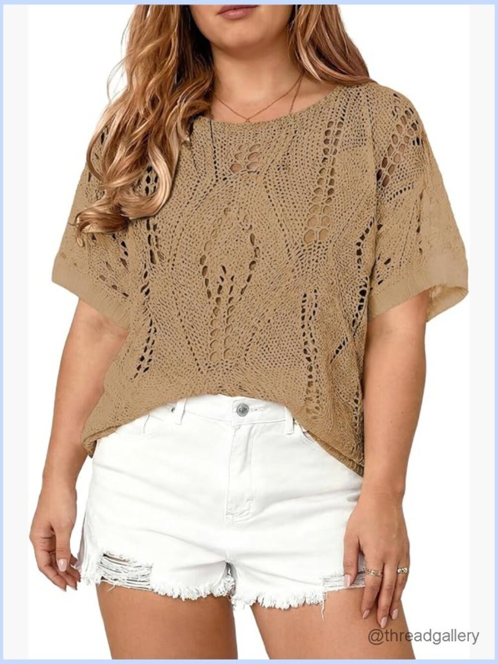 Plus Size Crochet Hollow Out Short Sleeve Summer Knit Pullover Sweater